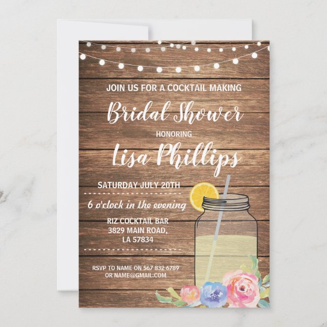 Invitación Fiesta de ducha de novia invita a tomar cócteles J (Anverso)