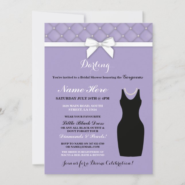Invitación Fiesta de ducha de novia Lilac Vestido negro Pearl (Anverso)