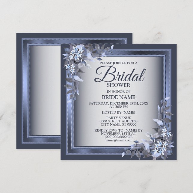 Invitación Fiesta de ducha de novia Marina Floral azul gris p (Anverso / Reverso)