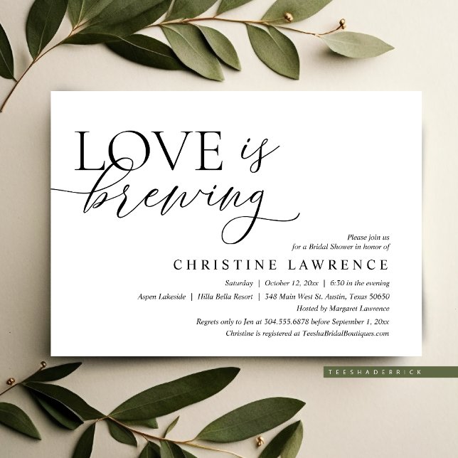 Invitación Fiesta de ducha de novia moderna, el amor se está  (Love is Brewing, Modern Bridal Shower Party Invitation, Afternoon Tea, BFF Celebration)