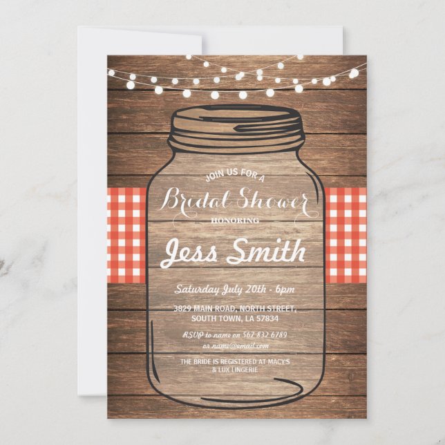 Invitación Fiesta de ducha de novia Red Gingham Jar Wood Invi (Anverso)