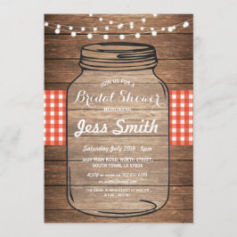 Invitación Fiesta de ducha de novia Red Gingham Jar Wood Invi