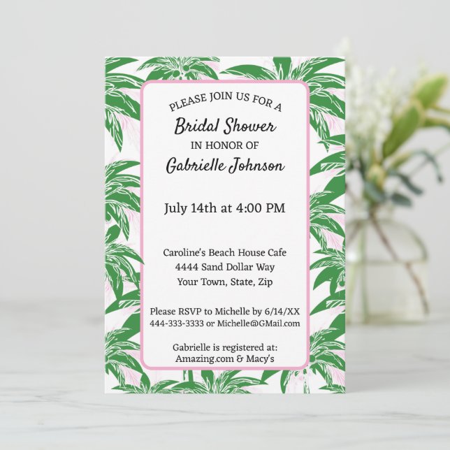 Invitación Fiesta de ducha de verano con palmera rosa verde b (Anverso de pie)