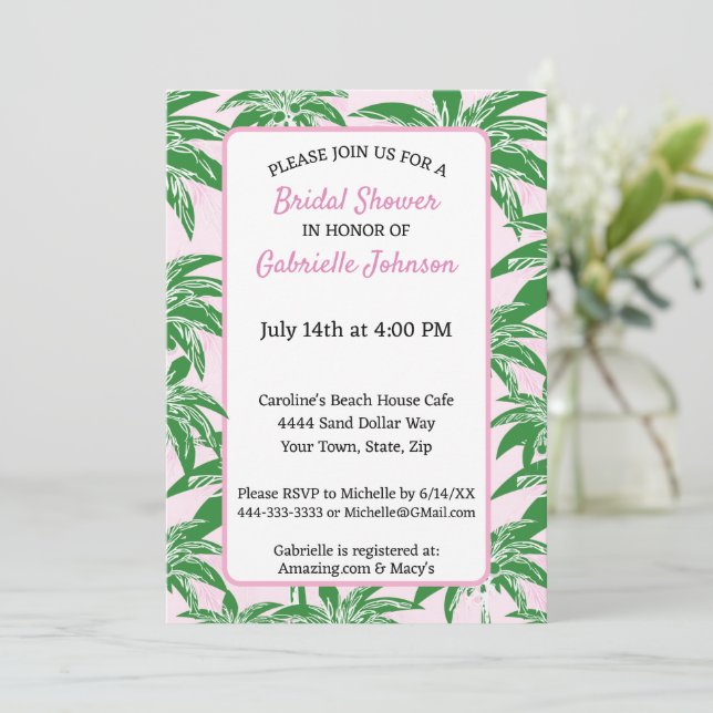 Invitación Fiesta de ducha de verano de palmeras verdes Rubor (Anverso de pie)