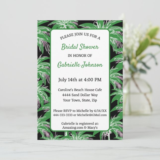 Invitación Fiesta de ducha moderna de verano con palmera negr (Anverso de pie)