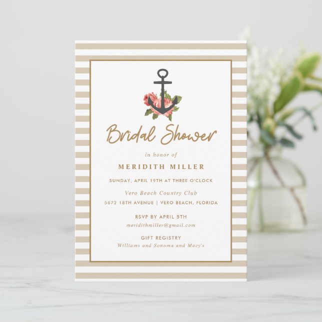Invitación Fiesta de ducha Nautical Gold Bridal Anchor (Anverso de pie)