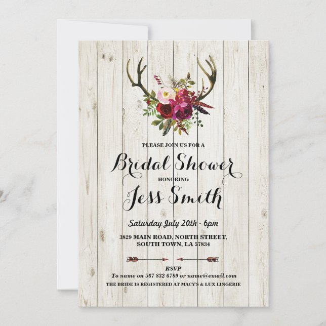 Invitación Fiesta de ducha nupcial Rustic Antler Floral Invit (Anverso)