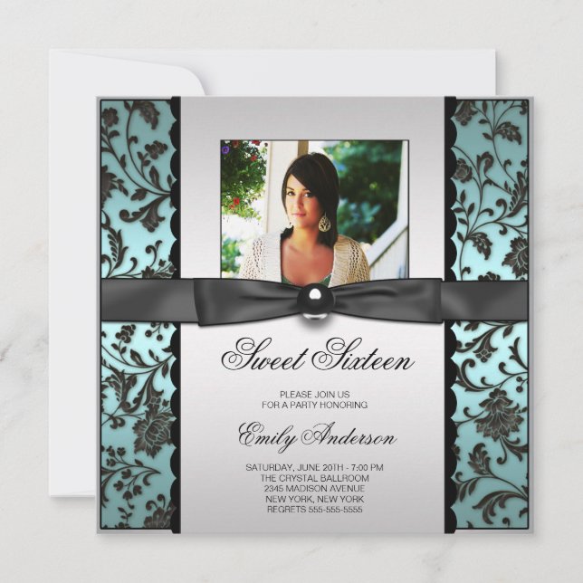 Invitación Fiesta de dulces 16 años azul turquesa negro damas (Anverso)