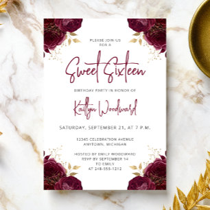Invitación Fiesta de Dulces 16 Años Burgundy Dorado Floral El