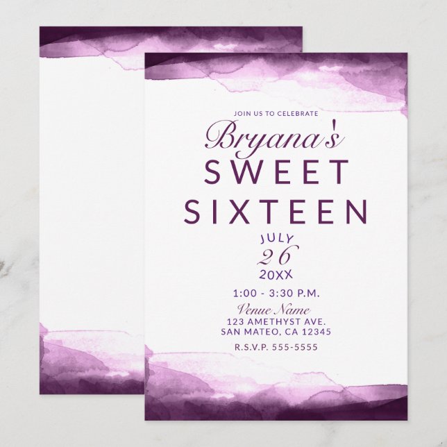 Invitación Fiesta de Dulces 16 Años Chic Acuarela Púrpura de  (Anverso / Reverso)