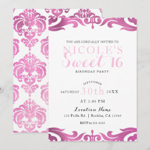 Invitación Fiesta de Dulces 16 años Chic Elegante Damask Rosa