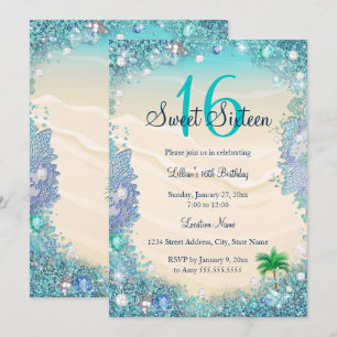 Invitación Fiesta de Dulces 16 Años con Agua Azul Turquesa, A