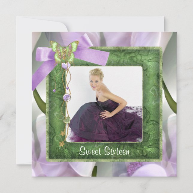 Invitación Fiesta de dulces 16 años con mariposa verde morada (Anverso)