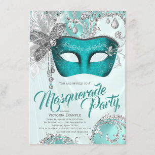 Invitación Fiesta de Dulces 16 Años con Máscara de Azul Turqu
