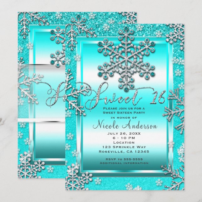 Invitación Fiesta de Dulces 16 Años Glitter Turquesa Glam Inv (Anverso / Reverso)