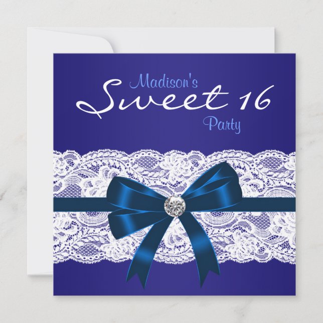 Invitación Fiesta de Dulces 16 Azul Real Blanco Encaje Azul d (Anverso)