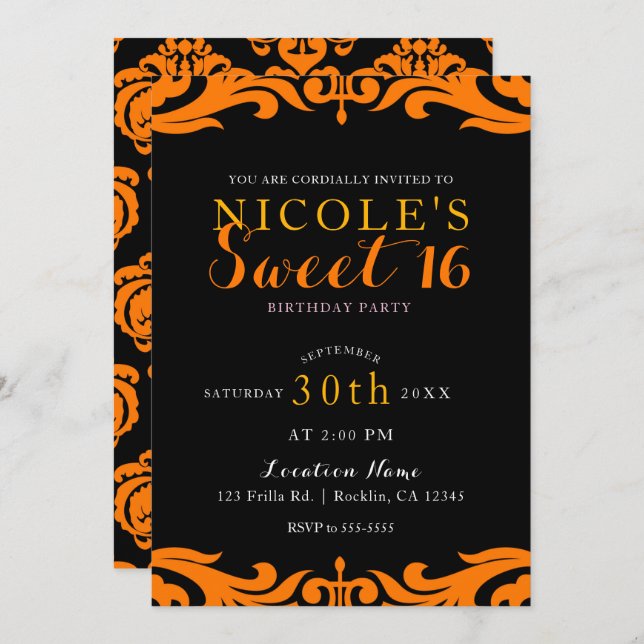 Invitación Fiesta de Dulces 16 Black & Orange Damask Chic Ele (Anverso / Reverso)