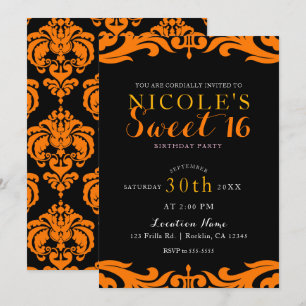 Invitación Fiesta de Dulces 16 Black & Orange Damask Chic Ele