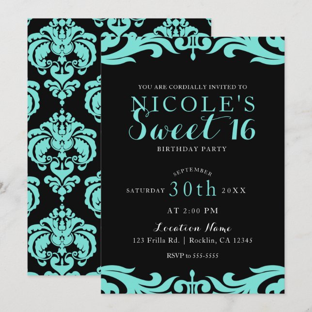 Invitación Fiesta de Dulces 16 Black & Teal Damask Chic Elega (Anverso / Reverso)