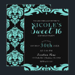 Invitación Fiesta de Dulces 16 Black & Teal Damask Chic Elega<br><div class="desc">Personaliza para cualquier evento.</div>