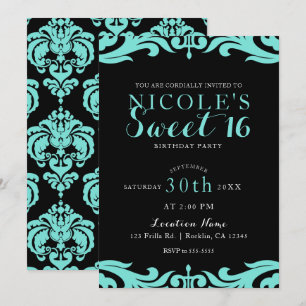 Invitación Fiesta de Dulces 16 Black & Teal Damask Chic Elega