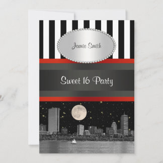 Invitación Fiesta de Dulces 16 Boston Skyline BW Blk Wht Strp