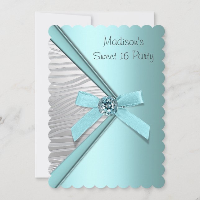 Invitación Fiesta de Dulces 16 Cebra Azul Verde Plateado (Anverso)