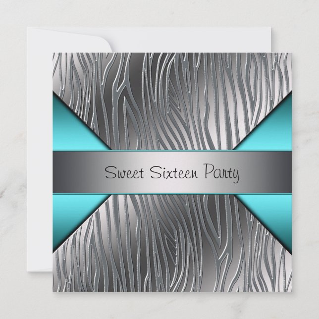 Invitación Fiesta de Dulces 16 Cebra Azul Verde Plateado (Anverso)