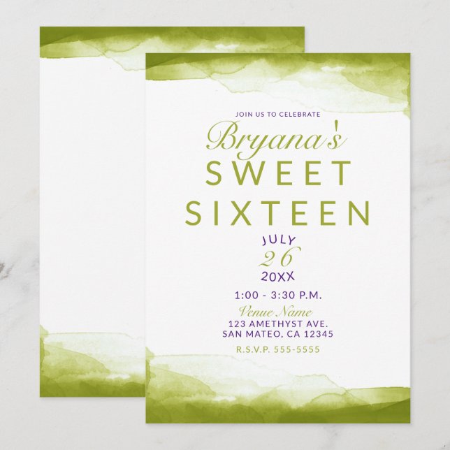 Invitación Fiesta de Dulces 16 Chartreuse Verde Acuarela Chic (Anverso / Reverso)