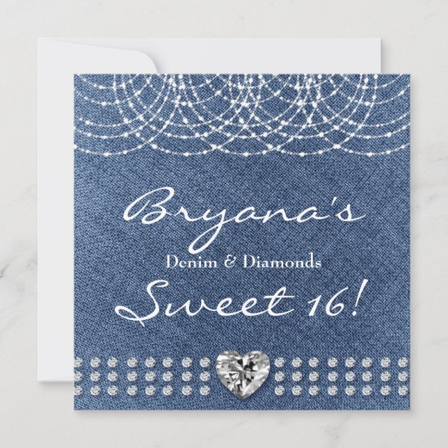 Invitación Fiesta de Dulces 16 con Brillo de Denim y Diamante (Anverso)