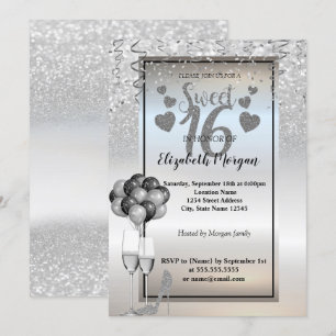 Invitación Fiesta de Dulces 16 con Brillo de Plata, Vidrio, G