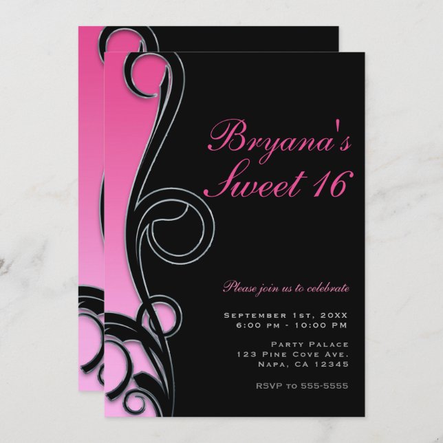 Invitación Fiesta de Dulces 16 con Estilo Chic Rosa y Negro (Anverso / Reverso)