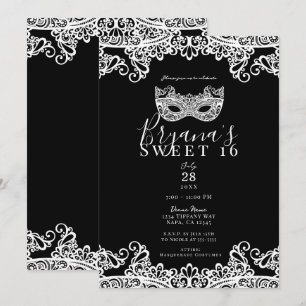Invitación Fiesta de Dulces 16 con Máscara de Encaje en Blanc