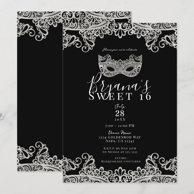 Invitación Fiesta de Dulces 16 con Máscara de Encaje Negro y  (Anverso / Reverso)