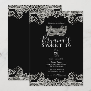 Invitación Fiesta de Dulces 16 con Máscara de Encaje Negro y 