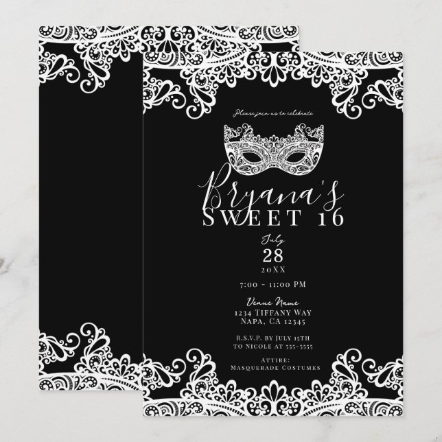Invitación Fiesta de Dulces 16 con Máscara de Encaje Negro y  (Anverso / Reverso)