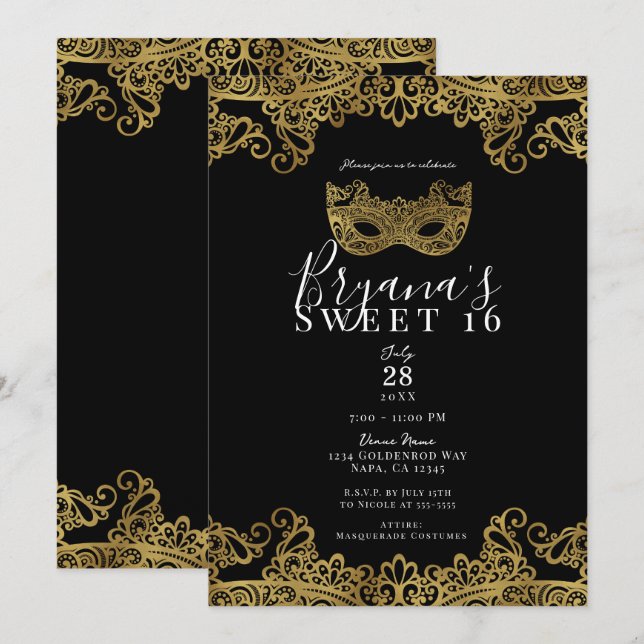 Invitación Fiesta de Dulces 16 con Máscara de Encaje Negro y  (Anverso / Reverso)