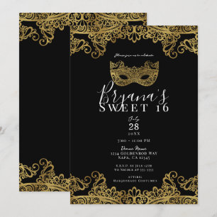 Invitación Fiesta de Dulces 16 con Máscara de Encaje Negro y