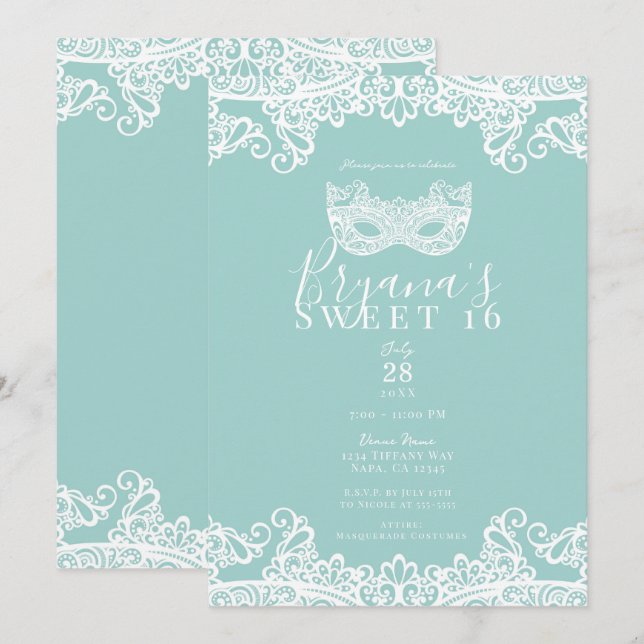 Invitación Fiesta de Dulces 16 con Máscara de Encaje Turquesa (Anverso / Reverso)