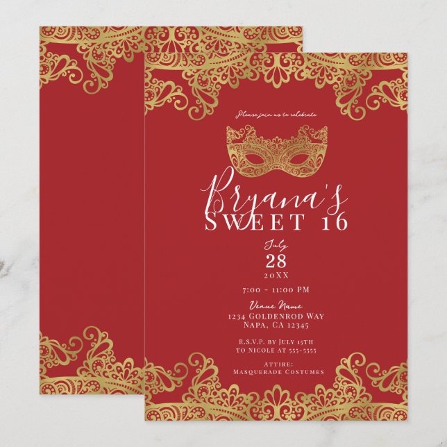 Invitación Fiesta de Dulces 16 con Máscara de Suerte Roja y D (Anverso / Reverso)
