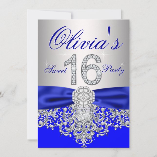 Invitación Fiesta de Dulces 16 de Azul Real y Plata (Anverso)