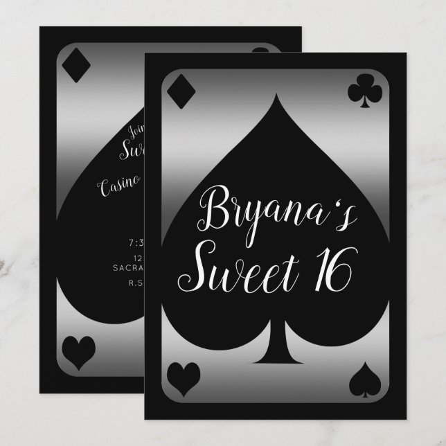 Invitación Fiesta de Dulces 16 de Casino Glam Espada Plateada (Anverso / Reverso)