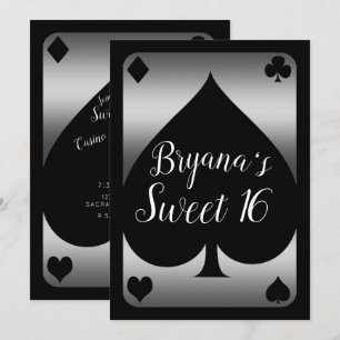 Invitación Fiesta de Dulces 16 de Casino Glam Spade Plata y N