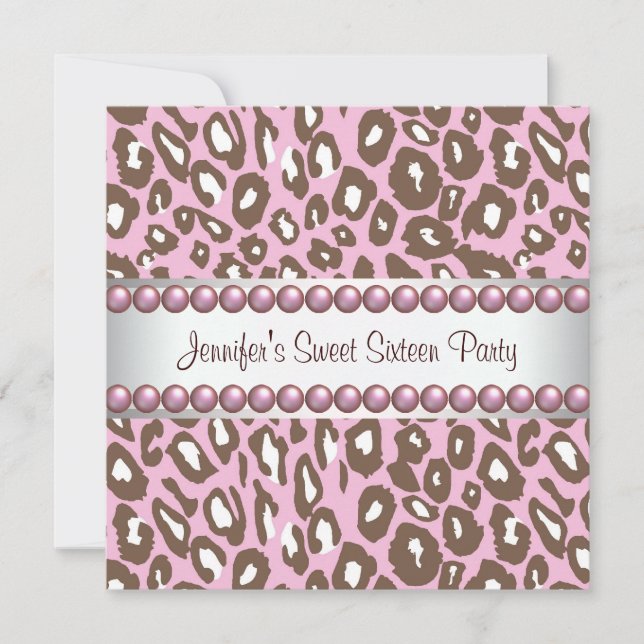 Invitación Fiesta de Dulces 16 de Leopardo Marrón Rosa (Anverso)