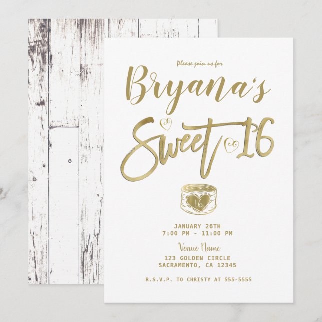 Invitación Fiesta de Dulces 16 de Madera Rústica Blanca del G (Anverso / Reverso)