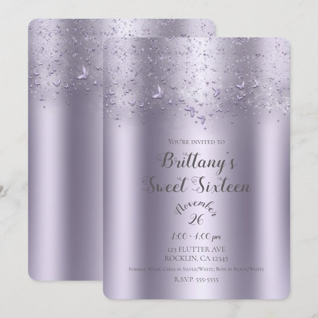 Invitación Fiesta de Dulces 16 de Mariposa Brillo Lila (Anverso / Reverso)