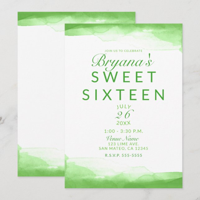 Invitación Fiesta de Dulces 16 de Moda Acuarela Verde Lima Br (Anverso / Reverso)