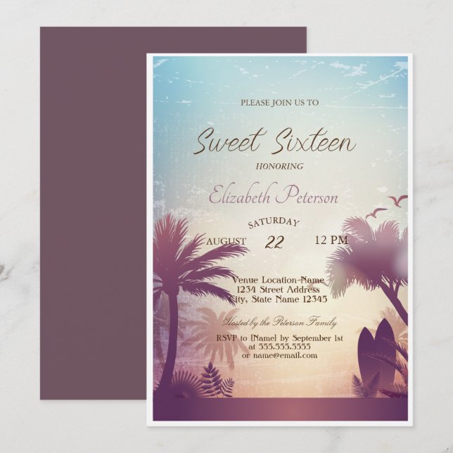 Invitación Fiesta de dulces 16 de Palms Beach Surfboard   (Anverso / Reverso)