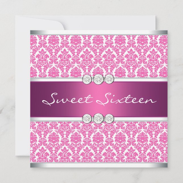 Invitación Fiesta de Dulces 16 de Rosa Caliente Damask (Anverso)