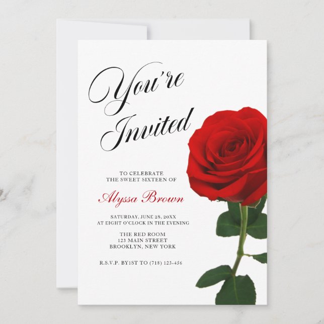 Invitación Fiesta de Dulces 16 de Rosa Roja (Anverso)